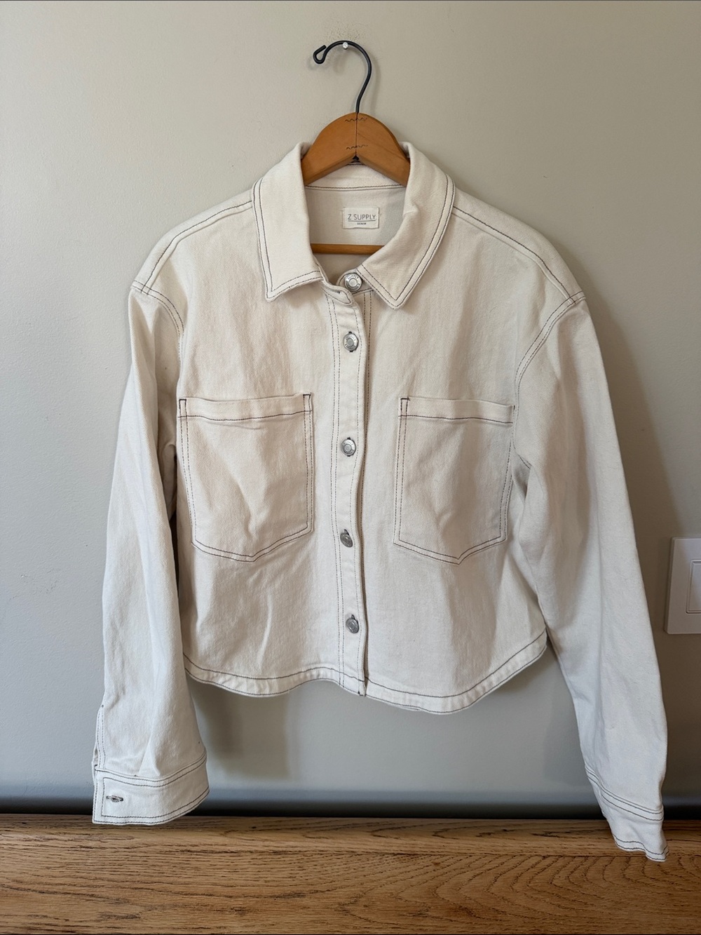 Z SUPPLY Cream Off-White Cropped Button-Front Denim Jean Jacket Size S